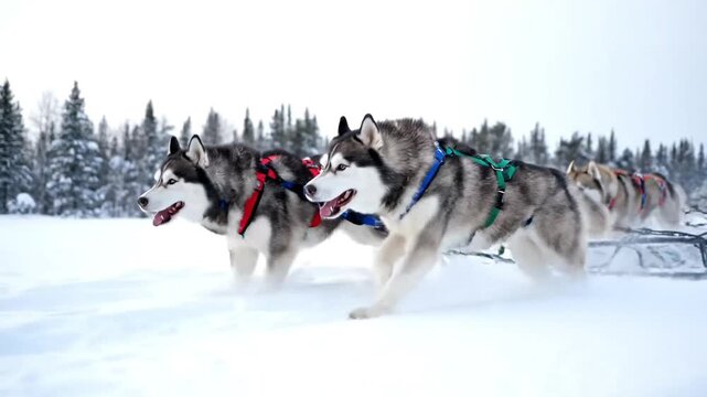 Team of huskies pull sled through snowy landscape with forest background in winter season