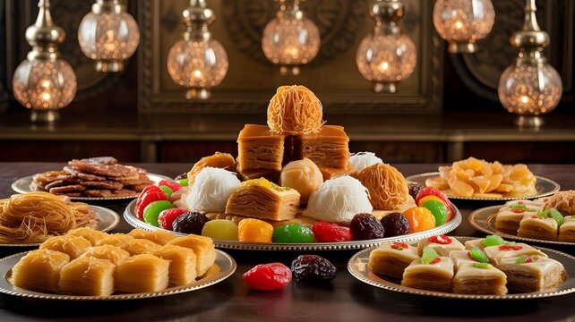 Ramadan Sweets Display, Luxurious Assortment of Middle Eastern Sweets and Baklava Pastri