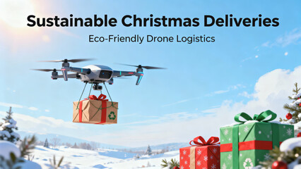 Joyful green Christmas holiday logistics concept with an eco friendly drone delivering gift in snowy winter landscape