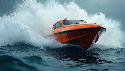 Fototapeta premium Orange speed boat cuts through turbulent ocean waves creating powerful splash. Intense action captures thrilling water sport competition on open sea. Dynamic movement highlights speed, adrenaline