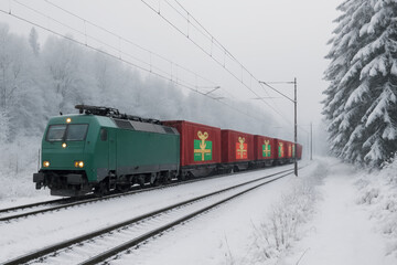 Obraz premium Green train for christmas holiday logistics moving through winter snow. Festive transport in peaceful cold landscape