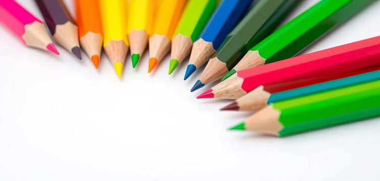 Close-up of vibrant colored pencils arranged on pure white background,  wax,  spectrum
