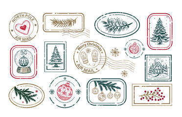 Fototapeta na wymiar Christmas Stamps, tree, toy, set, Hand drawn illustration 