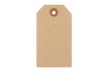 Blank craft paper tag with a reinforced hole, offering space for custom text, isolated composition on a transparent background