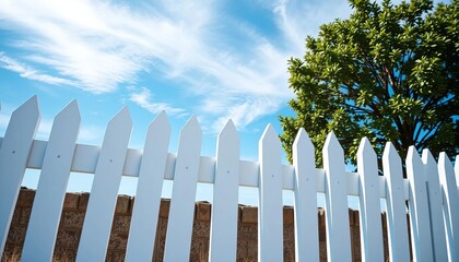 Crisp white picket fence against a bright blue sky,  minimalist,  nature