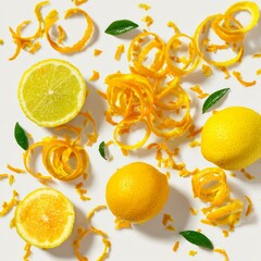 flat lay of lemon and orange zest curls, aromatic garnish scene, photorealistic rendering, isolated on white background