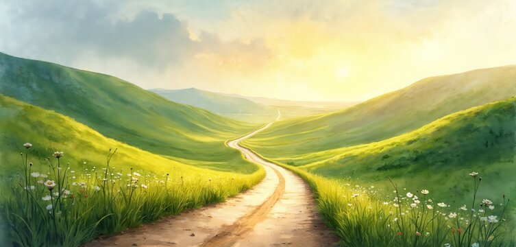 Winding road goes through green hills towards bright rising sun. Serene path in summer landscape way forward. Long journey spiritual pilgrimage, life quest to hope, faith, new beginning. - Powered by Adobe