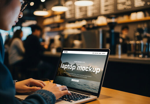 Person using a laptop in a bar or caf&eacute; - mockup