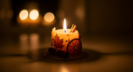 Close-up of a lit candle decorated with dried citrus and cinnamon sticks, creating warm light and a cozy mood on a dark, blurred background.
