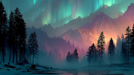 A winter landscape with aurora borealis over mountains and trees near a body of water at night