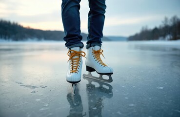 Person stands on vast frozen lake, wearing white ice skates with bright orange laces. Blue jeans visible. Winter outdoor activity offers leisure, sport. Enjoy cold nature, free time, recreation on