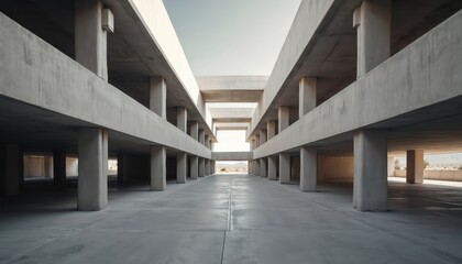 Obraz premium Wide view of massive concrete parking garage beneath contemporary building. Structure features multiple levels, columns creating vast open space. Sunlight illuminates interior, geometric design,