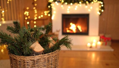 Cozy Christmas interior with wicker basket of firewood and pine branches by fireplace — warm holiday home decor