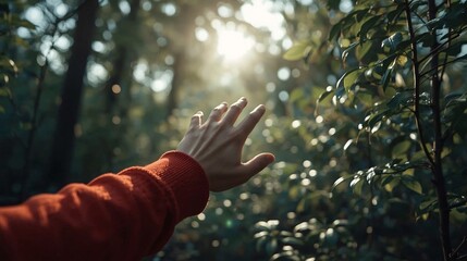 Hand Reaching into Sunlight Through Forest: Perfect for Eco-Tourism Ads, Mindfulness Apps, Outdoor Gear Promos, Wellness Retreats, and Nature-Inspired Branding