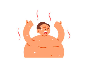 Illustration of a man who looks very hot. His body is covered in sweat due to the hot weather or temperature. Flat style character illustration. White background.