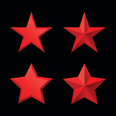 Set of red Christmas 3d three-dimensional Star glossy bright shine five angle star shape isolated on black Background collection. Icon for holiday design element.