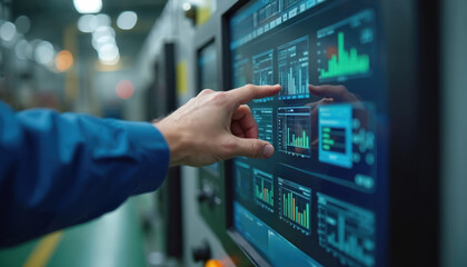 Hand of a factory engineer interacts with a touchscreen. Man monitoring real time data on display. Person controls tech process in manufacturing plant. Modern industry concept.
