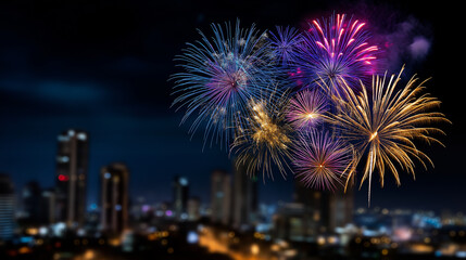 Fototapeta premium Defocused view of colorful fireworks bursting in the night sky above tall buildings, golden light trails, with copy space.