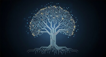 A luminous digital tree made of circuit board pathways with glowing data nodes.