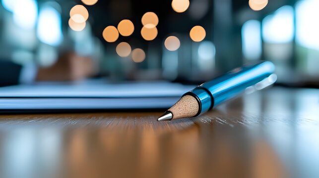 Wooden pencil and notebook on reflective desk with soft bokeh lights in blurred office background.