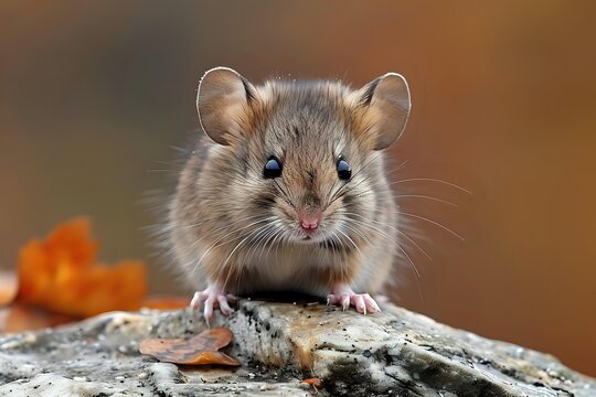 Adorable brown field mouse with bright eyes and pink nose sitting on stone in autumn setting, surrounded by fallen orange leaves and natural forest background.