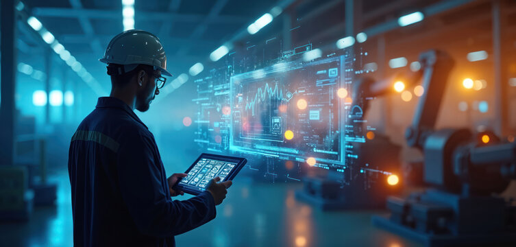 Engineer in hard hat, safety glasses controls industrial production process. Uses tablet to monitor digital data on holographic interface with graphs. Modern smart factory automation tech with