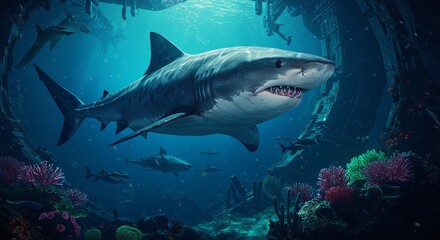 Obraz premium Epic Artistic 3D Illustration of a Powerful Bull Shark Cinematic Wildlife Adventure and Futuristic Abstract Design Wallpaper.