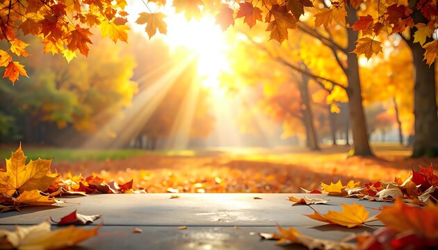 Golden sunlight streaming through autumn trees, illuminating fallen maple leaves on park pathway with warm orange glow and lens flare effect.