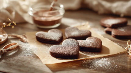 Heart-shaped cookies for a proposal. Close-up of heart-shaped cookies dusted with powdered sugar on a wooden surface, creating a cozy and inviting scene. Perfect for invitations and proposals.