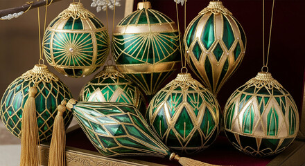 Green Gold Christmas Ornaments Elegant Holiday Decorations, realistis,new year 2026, 2026
