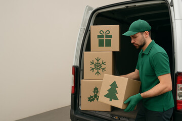 Focused man in green uniform handling christmas holiday logistics loading box into delivery van for seasonal shipping work