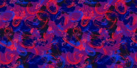 Vector abstract hand drawn brush strokes seamless pattern. Neon paint splashes, graffiti style, ink grunge texture. Modern funky background. Urban street art. Blue, red, purple colors. Trendy design © Olgastocker