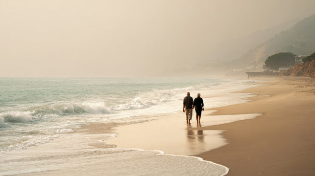 Couple enjoying a peaceful beach walk. An elderly couple walks along the beach, holding hands. The soft light of the setting sun enhances a sense of peace and togetherness.