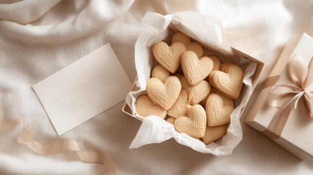 Cozy heart-shaped cookies, perfect for a loving message or greeting. A charming image with heart-shaped cookies and a blank card, ideal for expressing love or sending a warm invitation.