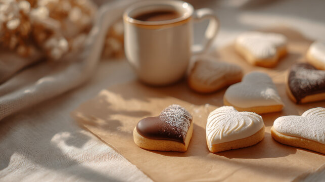Cozy heart-shaped cookies and a coffee cup on a sunny table. Heart-shaped cookies, iced with white frosting and chocolate, sit next to a cup of coffee, creating a warm, inviting scene for love.