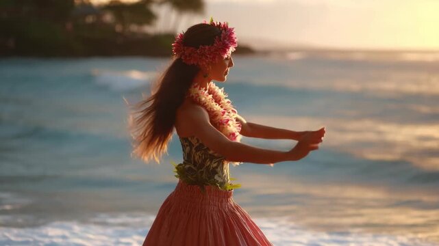 Hawaiian hula dancer performing graceful island dance at sunset on tropical beach celebrating cultural heritage, rhythm, and aloha spirit.