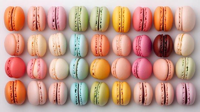 Colorful French macarons arranged in neat rows showcasing variety of pastel and vibrant flavors including pink, yellow, green, orange and brown on light background.