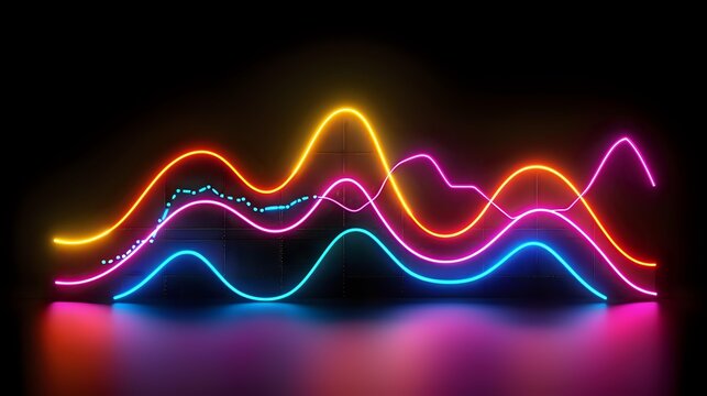 Glowing neon waves in vibrant yellow, pink, and blue colors creating dynamic curves and lines against dark background with colorful reflections on glossy surface. - Powered by Adobe