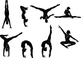 Gymnast silhouette illustration showing acrobatic poses, flexibility, balance, strength, dance movement, athletic performance, and expressive body control in motion.