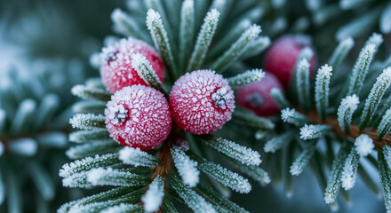 Winter Berries on Evergreen Branch Frosty Christmas Holiday Season, realistis,new year 2026, 2026