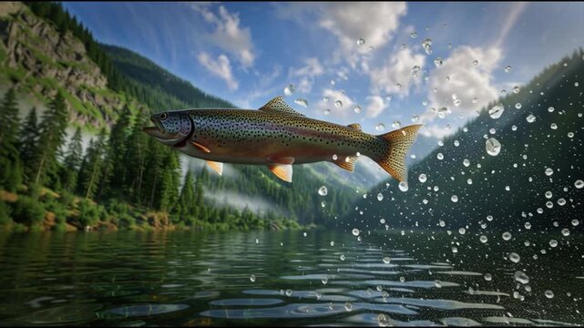 Fish leaping in mountain lake nature action moment scenic landscape outdoor environment wildlife photography vibrant viewpoint