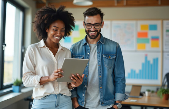 Two happy diverse colleagues work with tablet in modern office. Smiling business woman, man collaborate on new project. Team partners discuss startup strategy, reviewing financial growth data on tech