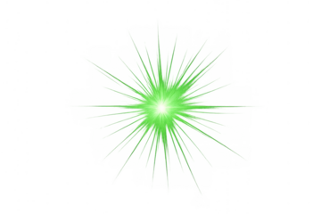 Green glowing light effect with radiating starburst lens flare and bright sparkle on transparent background