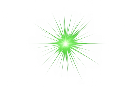 Green glowing light effect with radiating starburst lens flare and bright sparkle on transparent background