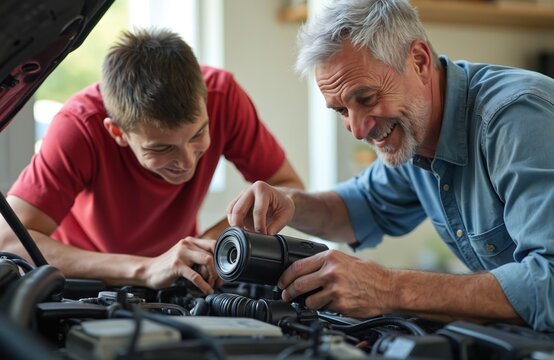 Father shows son repair car engine at garage. Mechanic dad teaches kid about auto. Two men work together fixing motor automobile. Fatherhood concept. Happy family spend time together