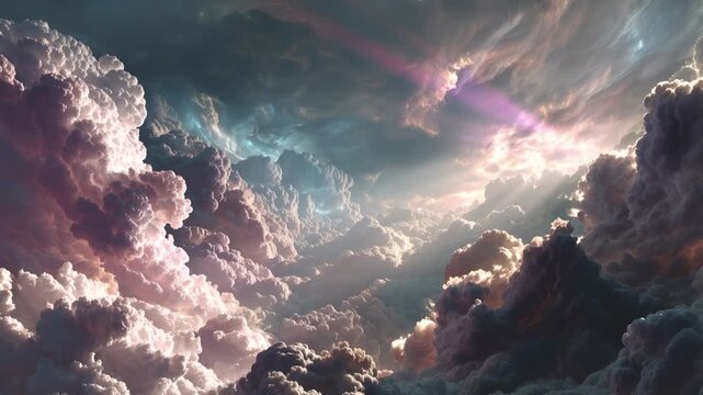Majestic cloudscape flying through beautiful fluffy clouds in a dramatic sky with sunbeams shining through, creating a divine and ethereal atmosphere for a spiritual or religious concept