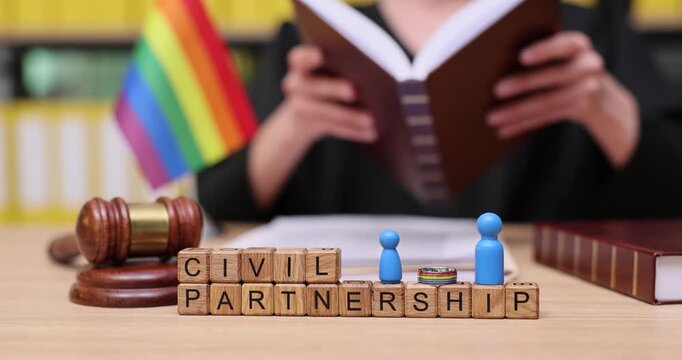 Celebrating civil partnership as a symbol of love and equality in a colorful, welcoming space