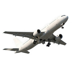 Obraz premium White passenger jet airplane ascending during daytime isolated on transparent background