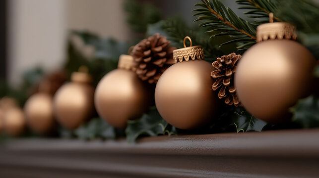 Golden Christmas ornaments and pinecones create a festive holiday scene. Evergreen sprigs and holly add a touch of nature. Warm colors evoke holiday cheer! - Powered by Adobe