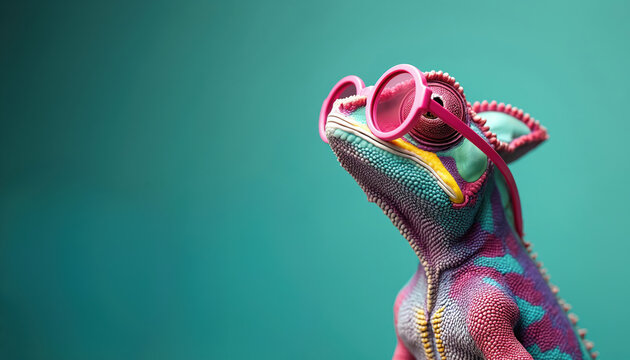 Colorful chameleon wears stylish pink sunglasses. Reptile poses against solid turquoise background. Creative animal concept ideal for kids content advertising campaigns with animal mascot. Good for